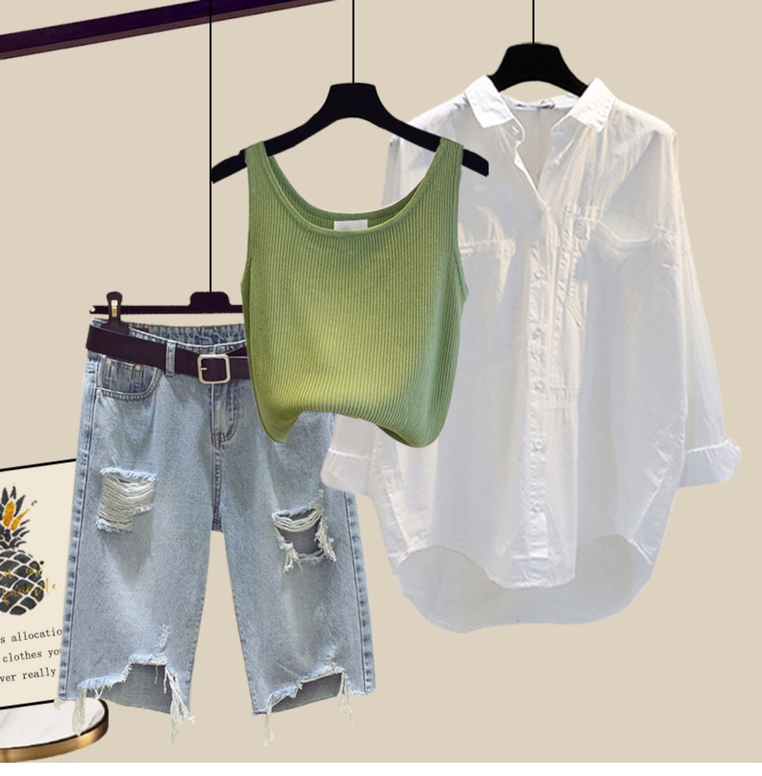 3点セット スリーピース トップス ボトムス シャツ ベスト ワイドレッグ パンツ デニム ダメージ 穴あき ハーフパンツ タンクトップ 夏 グリーン 緑 パーブル 紫 ブラック 黒 オレンジ