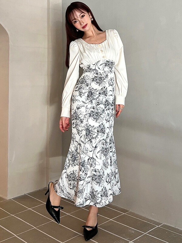 RESEXXY リゼクシー フロント ギャザー マーメイド ワンピース 長袖 マーメイドシルエット ギャザー ワンピース ワンピ 細見え 152510303701