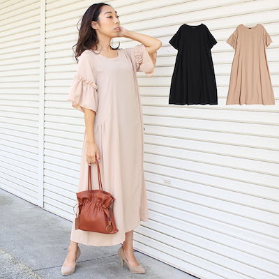 Qoo10 ワンピ 袖フリルワンピース フリルスリー レディース服