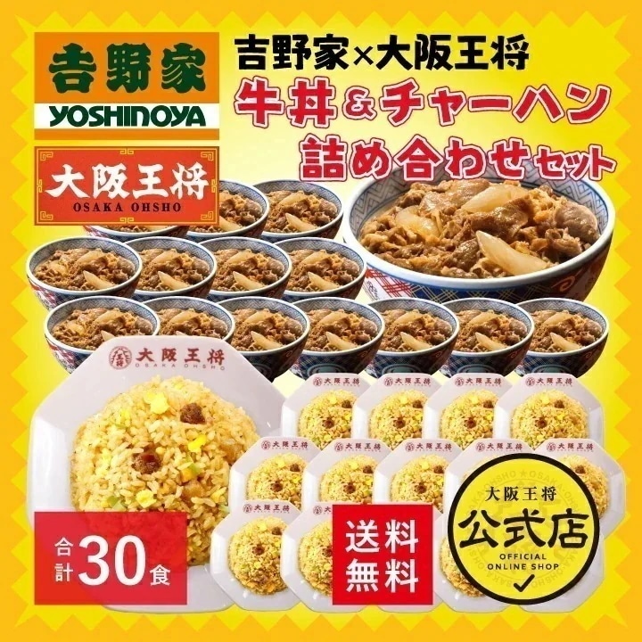 吉野家 大阪王将 牛丼＆直火炒めチャーハン詰め合わせセット（合計30食）