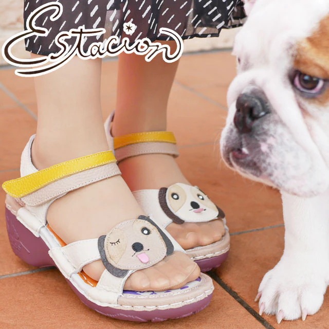 エスタシオン レディース 厚底サンダル 疲れない ストラップサンダル 痛くない 犬モチーフ ワンコ ワンちゃん 履きやすい レザーサンダル ベルクロ 歩きやすい ウェッジソール カジュアルシューズ 本