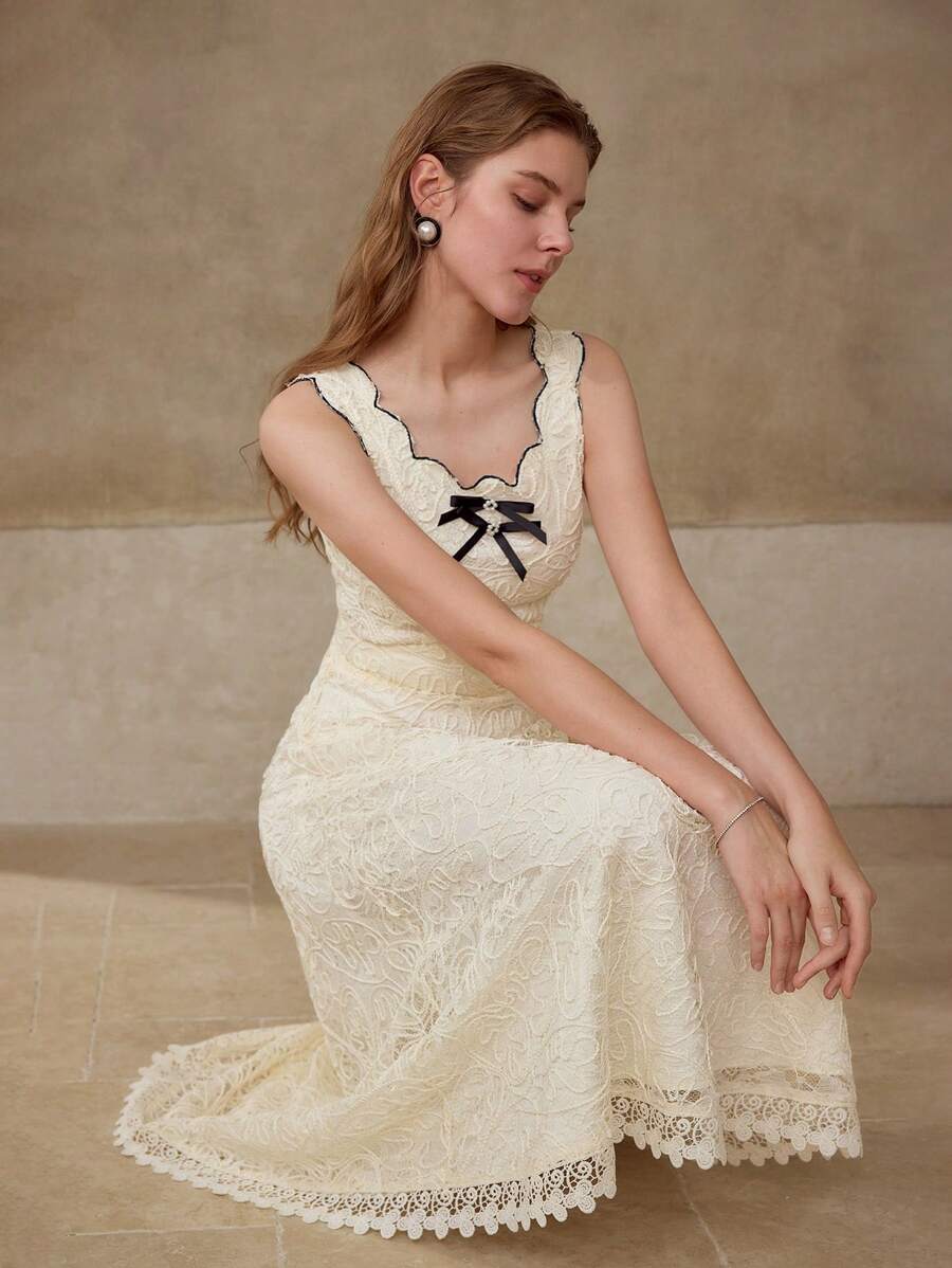 コントラストレースリボンドレス