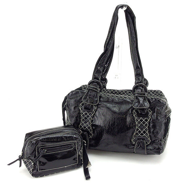 ショルダーバッグ ミニボストンバッグ ステッチ入り ポーチ付き ブラック ホワイト系 中古