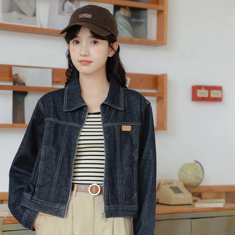 【急速発送】秋のレトロポロネックショートデニムジャケットアメリカンジップカジュアルジャケットトップスジャケット 韓国ファッション秋の万能アイテム