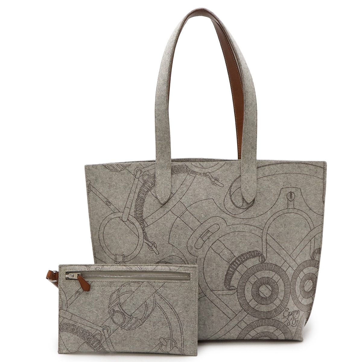 カリミMM トートバッグ ラージトート ハンドバッグ フェルト レザー グレー 灰色 ブラウン 茶 L刻印 ポーチ付