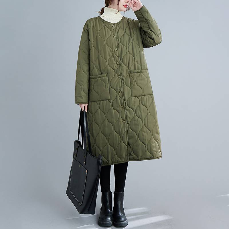 作トレンドキルティングコートレディースコートアウターロングコート防寒ジャケット中綿コート軽いノーカラーゆったり無地あったか暖か黒