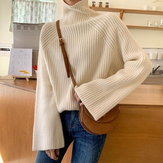 ハイネック レディース ニット ネック リブニット セーター ニットタートルネック ざっくり ベルスリーブニット トップス 春 かわいい おしゃれ 上品 きれいめ シンプル 華奢見え お出かけ デート