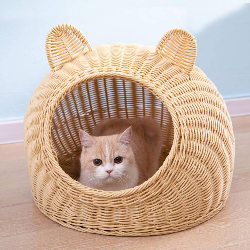 籐製 キャット ハウス ちぐらタイプ 猫小屋 猫ベッド 小型犬ベッド ウレタンクッション付き 夏用 猫ちぐら 38x38 ドーム ひんやり ハウス おしゃれ カラー1 大型猫 キャット ハウス ちぐ