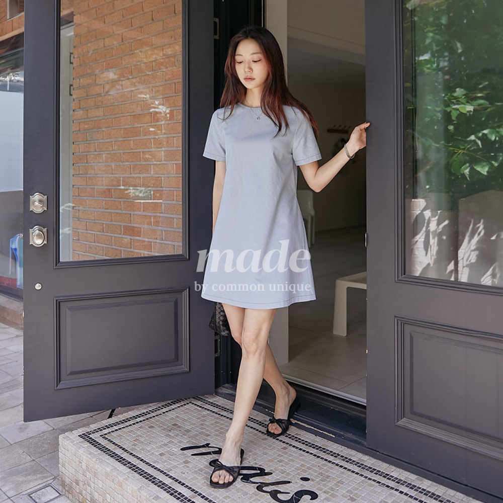 配色ステッチリネン混ミニワンピース