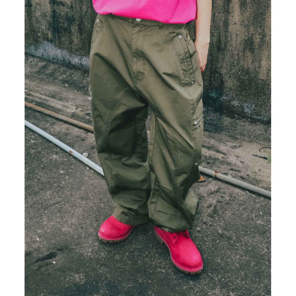 ロマンティッククラウンバイカーウォッシュワイドパンツ_カーキ