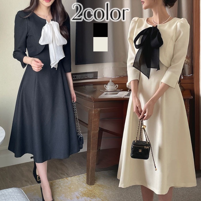 ワンピース 結婚式 二次会 リボン 春 甘め 可愛い ボレロ風