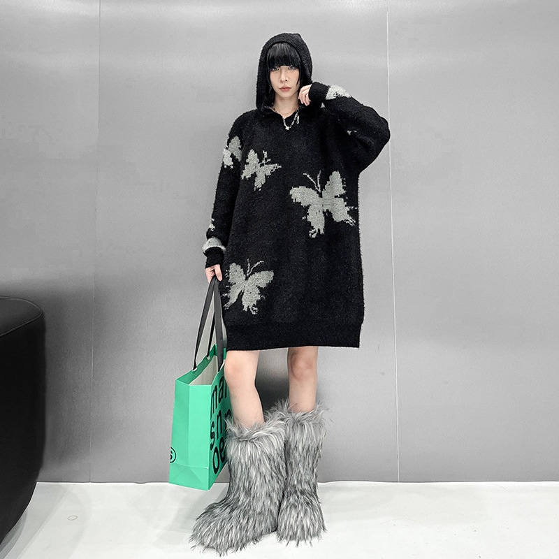 【Noir Mode】 秋冬 プリント フード付き ミモレ丈 ニットワンピース デザイン性 ブラックコーデ 大きいサイズ レディース 体型カバー セーター レディース ワンピース