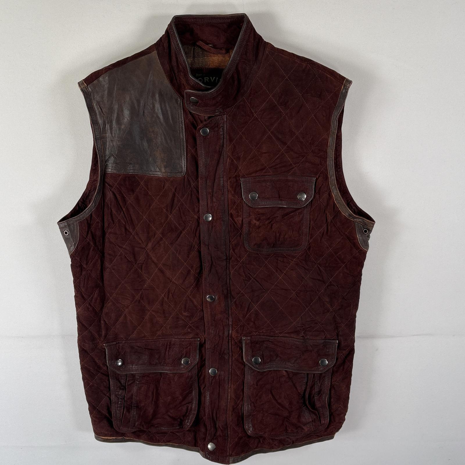 古着 オービス ORVIS 本革スウェードレザーベスト ハンティング キルティング フルジップ 裏地チェック柄 L ブラウン系 メンズ