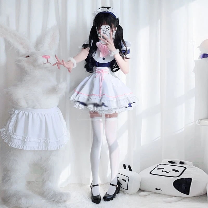 春新作 (4点セット) 絶対可愛い リボン コスプレ メイド服 ボウタイ ワンピース