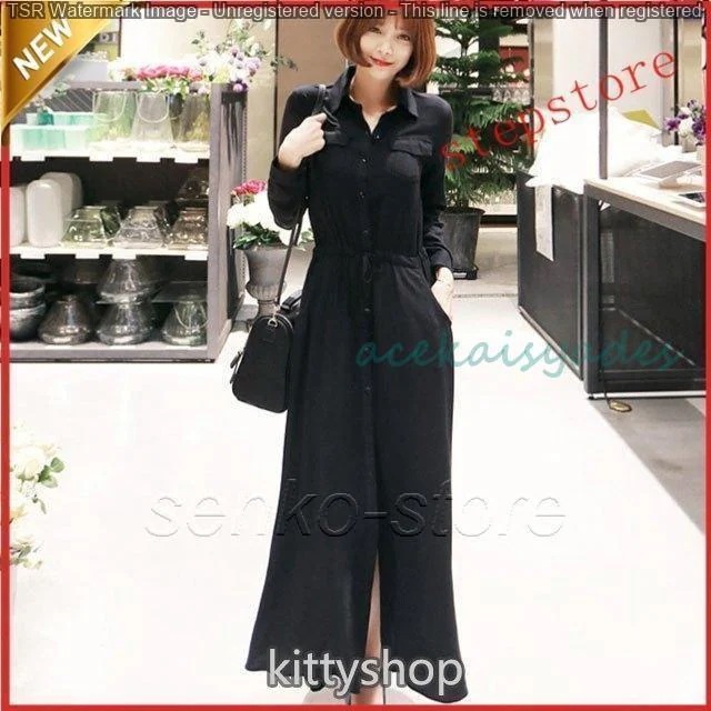 シャツワンピース マキシ丈 レディース ロングワンピース ブラック ブルー ワンピース 30代 40代 Aラインワンピース 長袖 春 夏