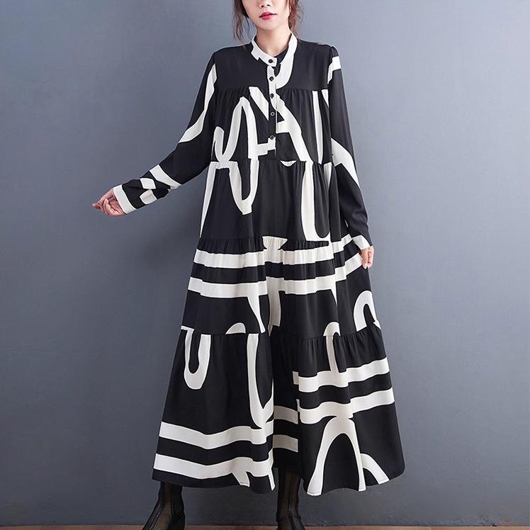 レディース ワンピース ティアード ロング マキシ 長袖 スタンドカラー Aライン 切り替え オーバーサイズ フェミニン コンサバ ボタン ギャザー 切り替えデザイン かわいい 大人可愛い きれいめ