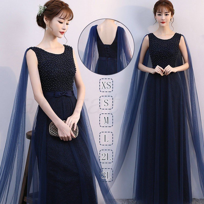 パーティードレス ロングドレス フォマール 結婚式 演奏会 袖なし ウエディング ロング丈 ワンピース レース 大人 上品 お呼ばれ 紺色 食事会 二次会 12,991円