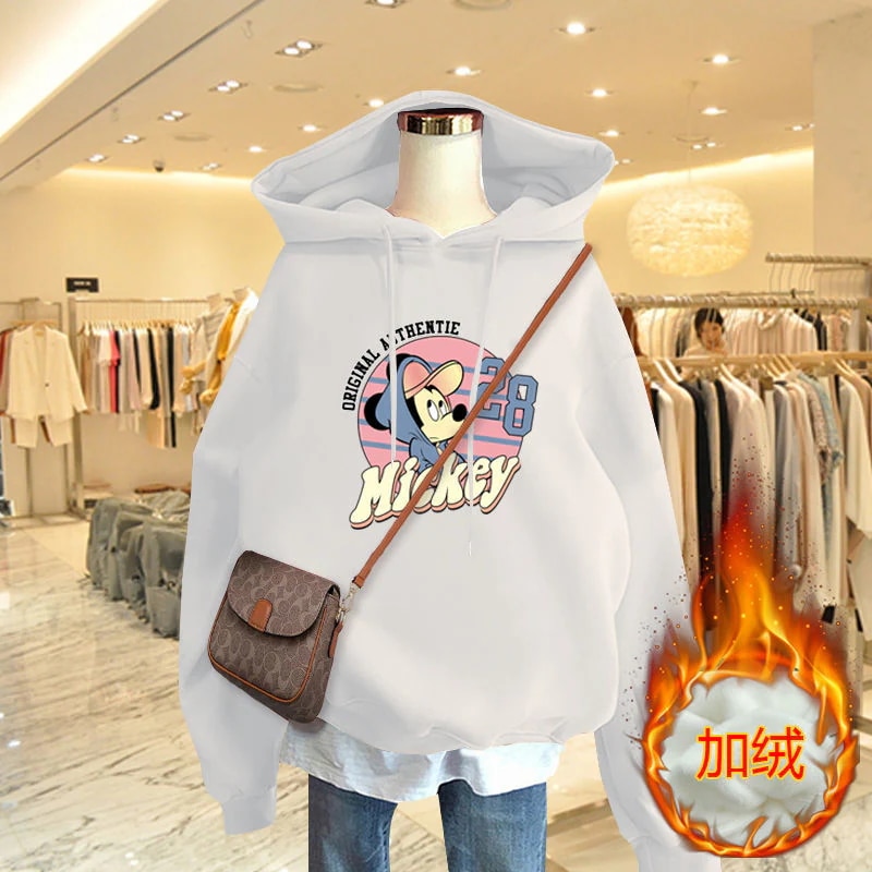 白い漫画のフード付きのセーターの女性の 年秋と冬の新しい韓国語バージョンのルーズ プラス ベルベット ミッキー プリント コートの女性のトップス
