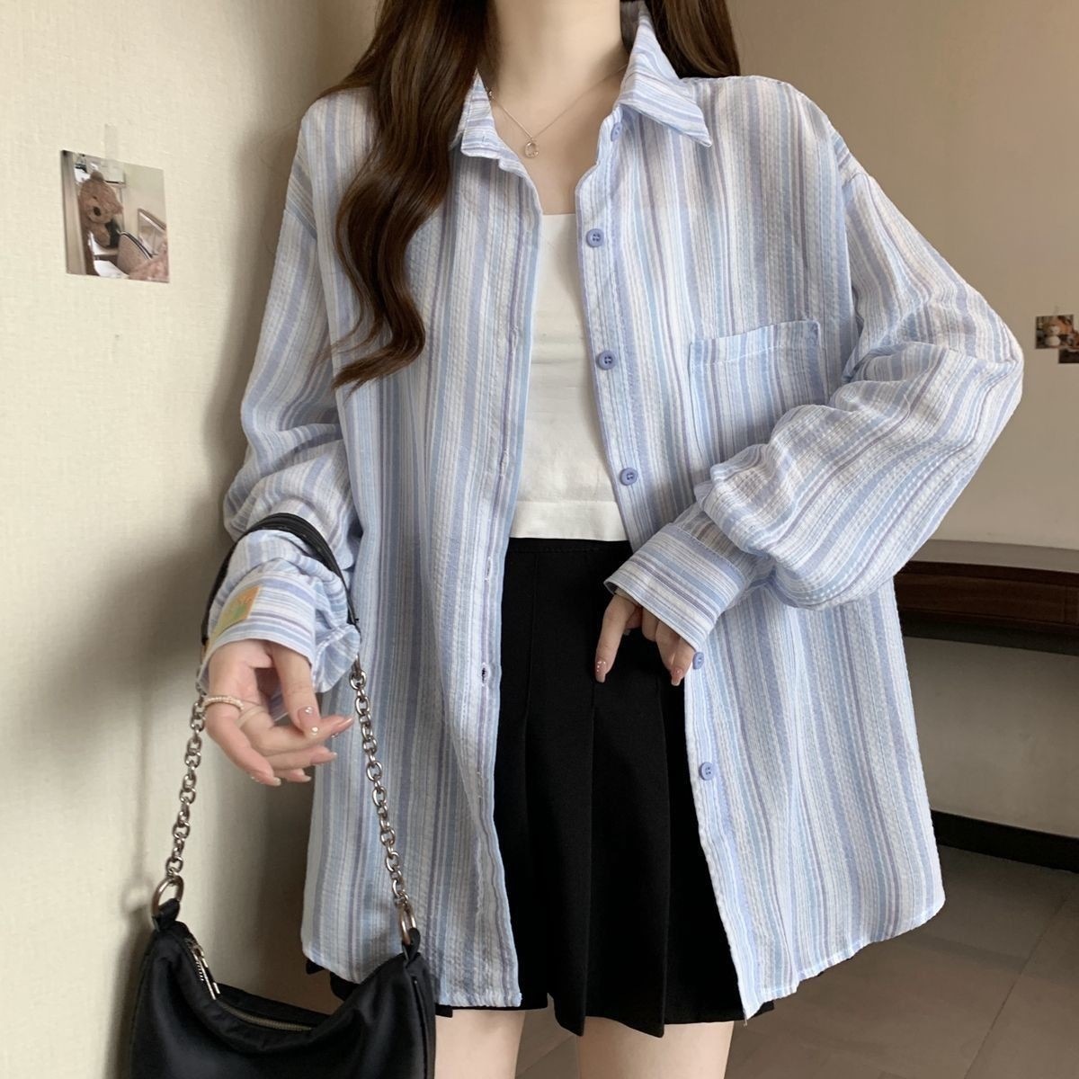 青 ストライプ シャツ レディース 長袖 薄手 ゆったり リラックス シャツ 中長 アウター 春夏 トップス705