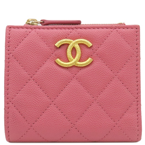 シャネル CHANEL 二つ折り財布 スモールウォレット キャビアスキン ピンク ゴールド金具 マトラッセ ミニ財布 コンパクト XL****** 【箱】【中古】