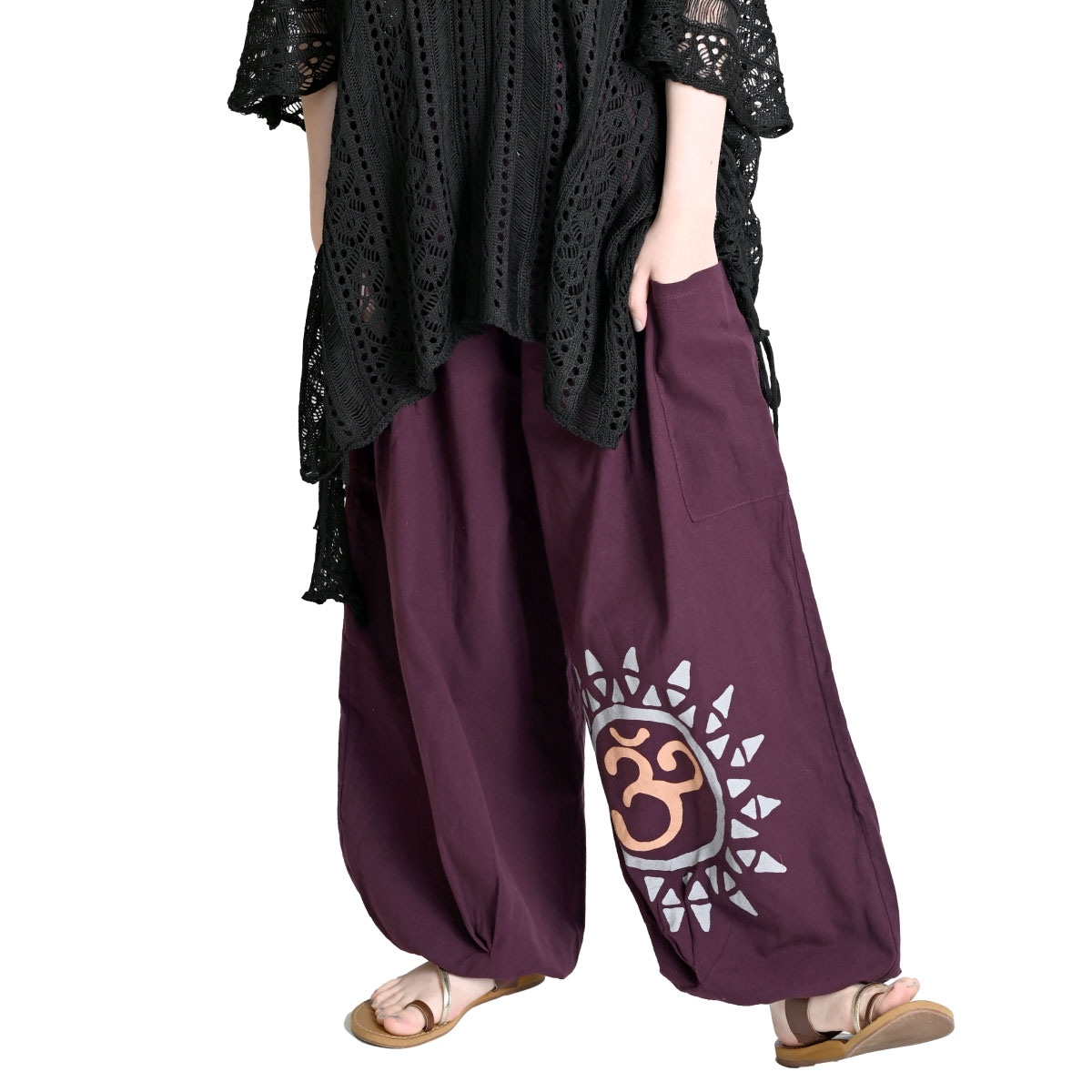 サルエルパンツ メンズ レディース エスニック アジアン ファッション 贅沢たゆん感オーム太陽サルエルパンツ サルエル パンツ ズボン 無地 オーム プリント 柄 バルーンパンツ 個性的 大きいサイ