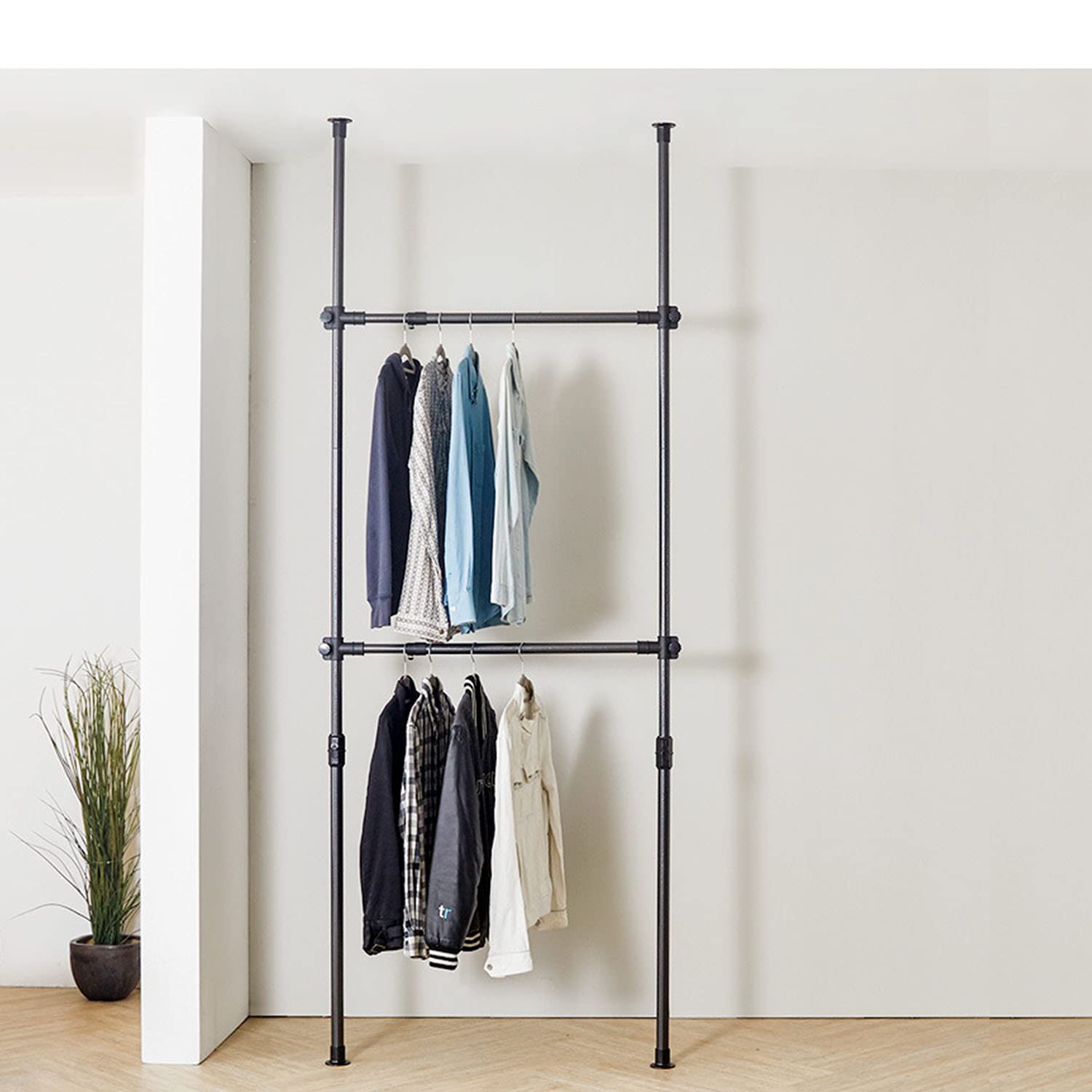 ハンガーラック 突っ張り ポールハンガーラック 衣類収納 壁面収納 つっぱり 省スペース 組立て簡単 高110-310cm，幅75-120cm 耐荷重60kg (ブラック)