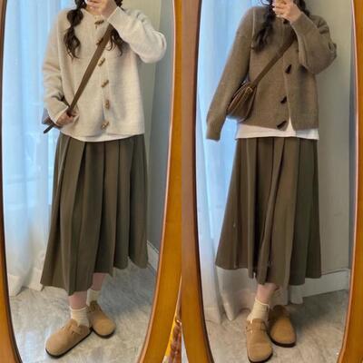 レイヤード セットアップ 2点セット トップス ニット カーディガン セーター プリーツスカート ミモレ丈 長袖 レディース シンプル 着回し ホワイト 白 ブラウン カーキ 春 秋 冬 20代 30 5,725円