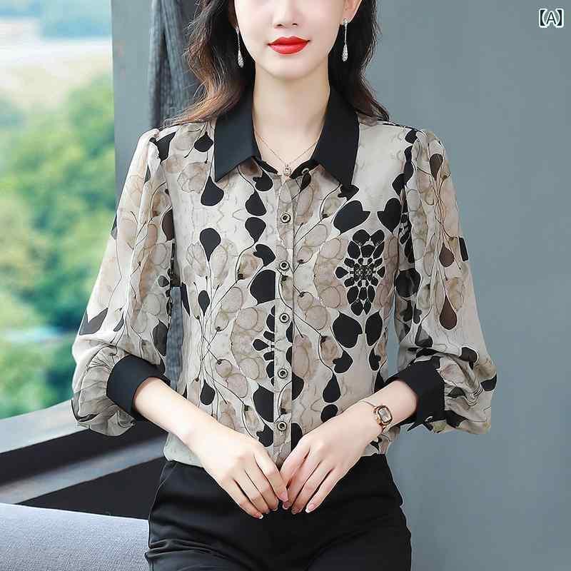 レディース　シャツ　トップス 杭 州 高級 シルク シャツ レディース 長袖 プリント 感 加齢 軽減 母 桑 シルク トップ