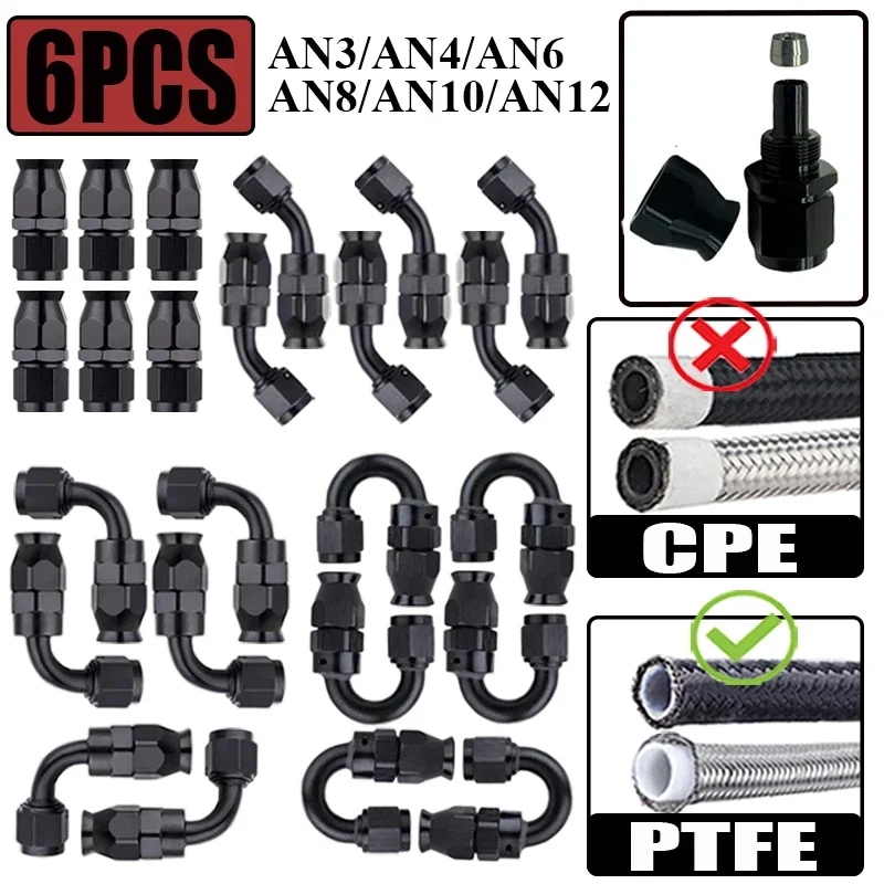 6X 3AN 4AN 6AN 8AN 10AN 12AN ストレート 0 45 90 180度 スイベル ホースエンド フィッティング アダプター PTFE E85 オイル 燃料 ガスライン用 ブラッ
