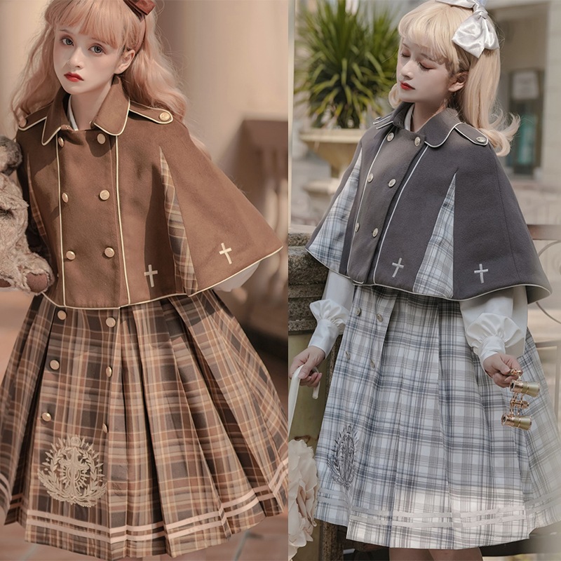 ロリータ ワンピース 長袖 探偵風 jk制服 マント 復古cla系 チェックワンピース 重ね着
