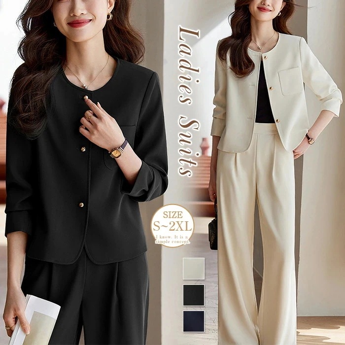 スーツ レディース パンツスーツ ノーカラー ジャケット ワイドパンツ フォーマル スーツ セレモニー 2点セット ビジネススーツ 入学式 卒業式 入園式 卒園式 ママ 着痩せ 通勤 オフィス