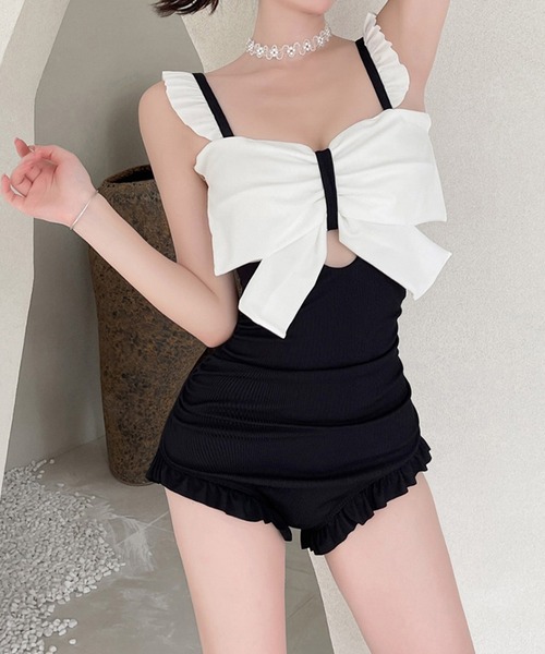 水着 フロントリボンリブワンピース 水着