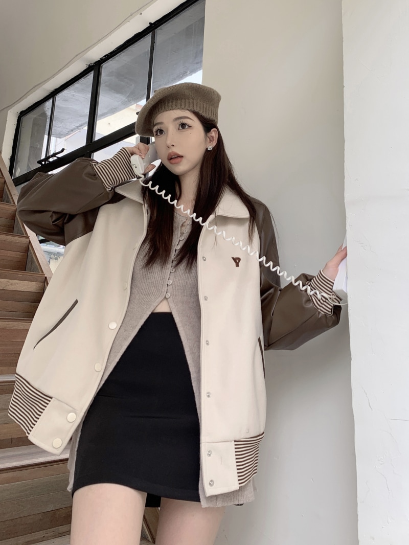 スタジャン ジャケット 異素材 バック ロゴ 配色 レディース ブルゾン レザージャケット PUレザー ジャケット コート アウター 秋 ゆったり a4566