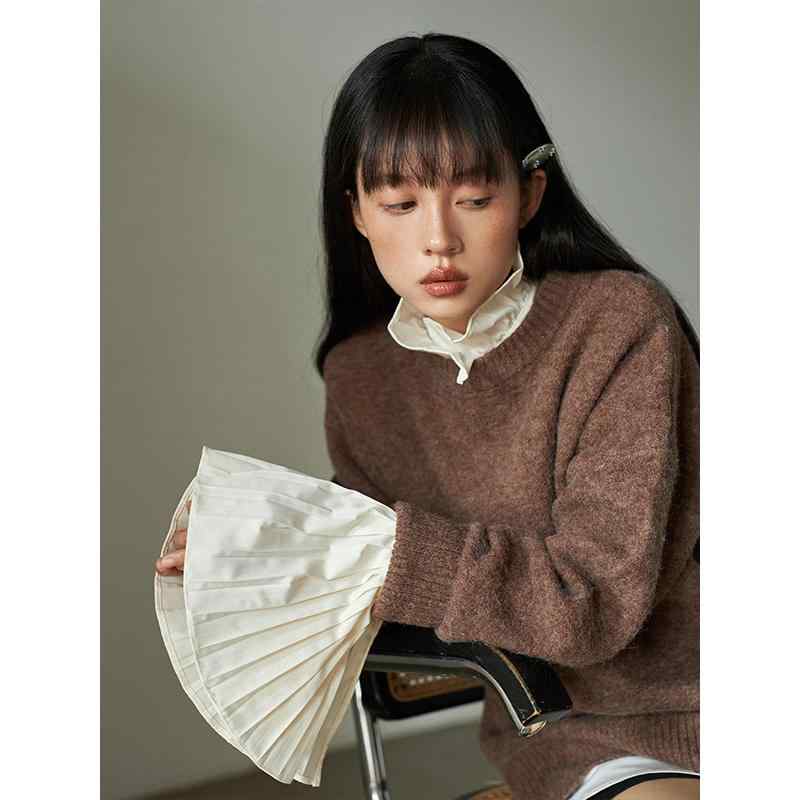 レディース お洒落 上質 フレンチデザイン スタイル モヘア ブラウン 粗 織り ルーズ ラウンドネック セーター インナートップ用