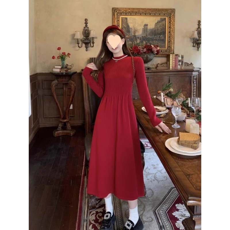 【1つ買うと10つ無料】編み底のスカートよだれ秋と冬のドレス2025レッドスカートスモールロングスカート