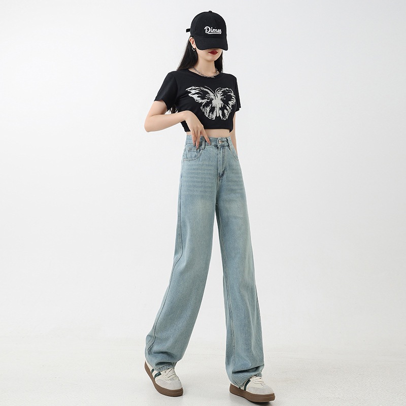 ykk ライトブルー ストレートジーンズ 女性用 春夏 ゆったりスリムハイウエストフロア丈パンツ