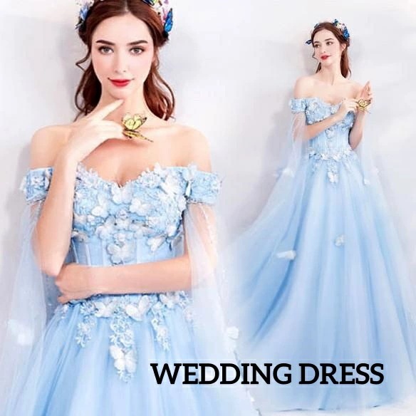 お买い得 レディースドレス ブルー スウィート ウェディングドレス イブニングドレス 蝶柄 ロングドレス 高級感 着痩せ エレガント 結婚式 パーティー 成人式 宴会 音楽会 誕生日 礼服 編み上げタ