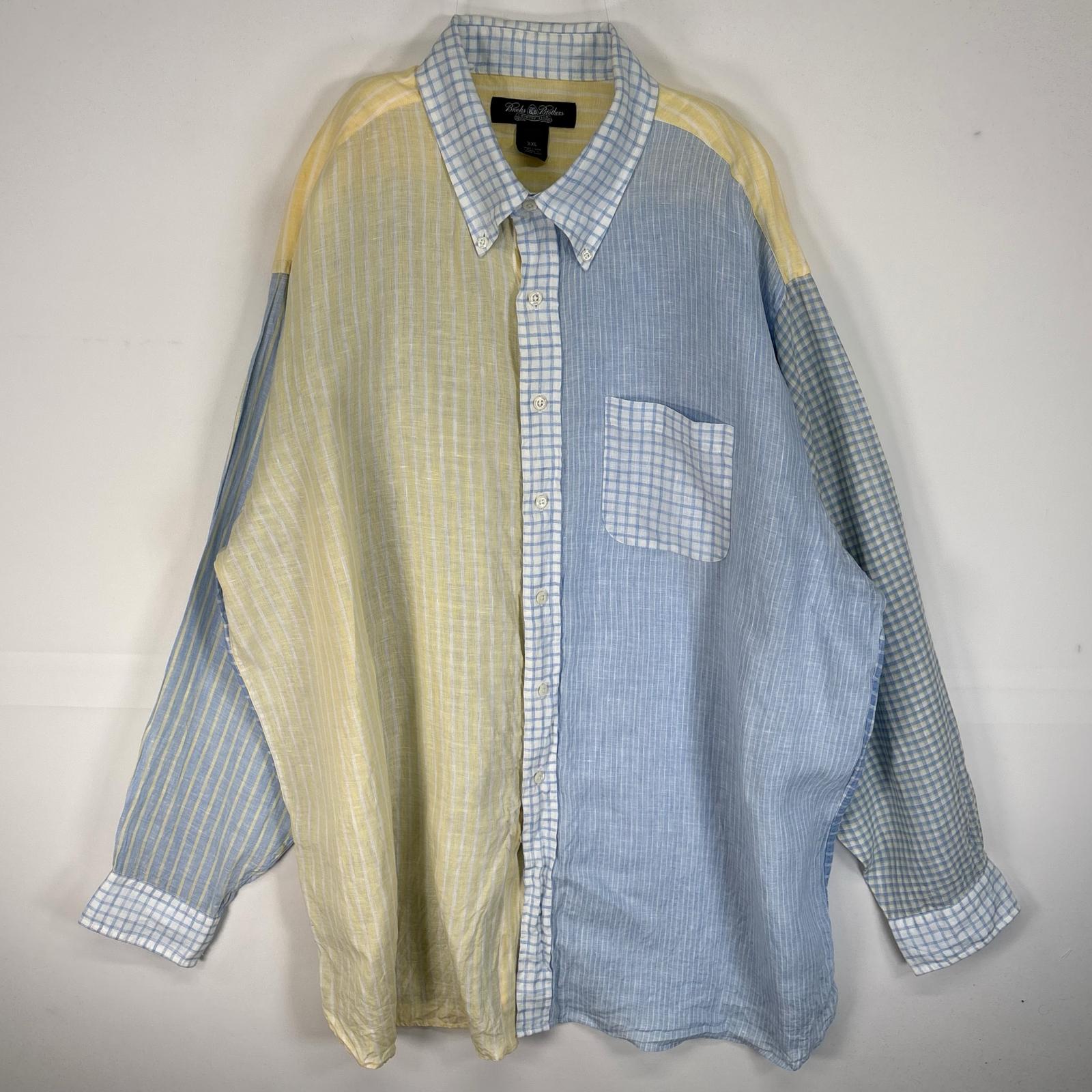 古着 長袖シャツ クレイジーパターン 胸ポケ リネン 2XL イエロー系 マルチカラー メンズ