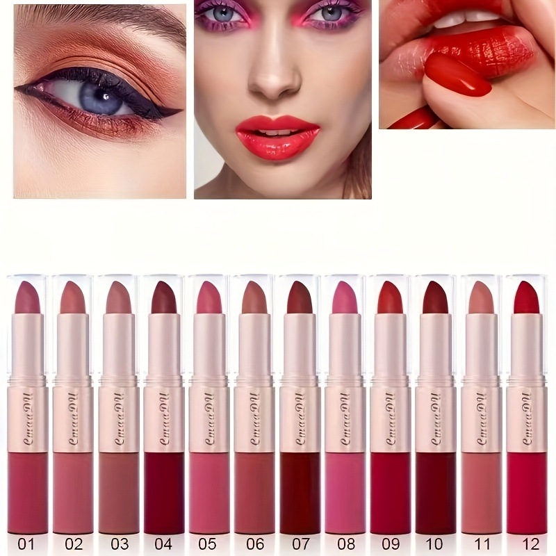 12個セット 2-in-1 マットリップグロス リップスティック 長持ちしやすい カラー 非粘着 カップ フェスティバル ステージ パフォーマンス ギフト メイクアップ