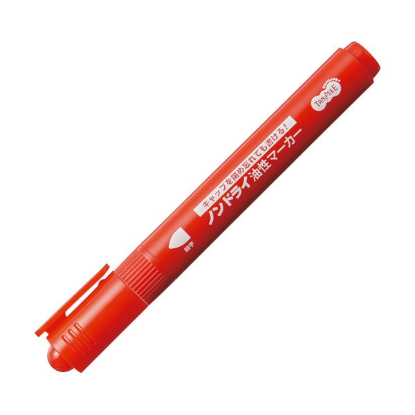 (まとめ) TANOSEEキャップ式ノンドライ油性マーカー シングル 細字 赤 1本 (×100セット)