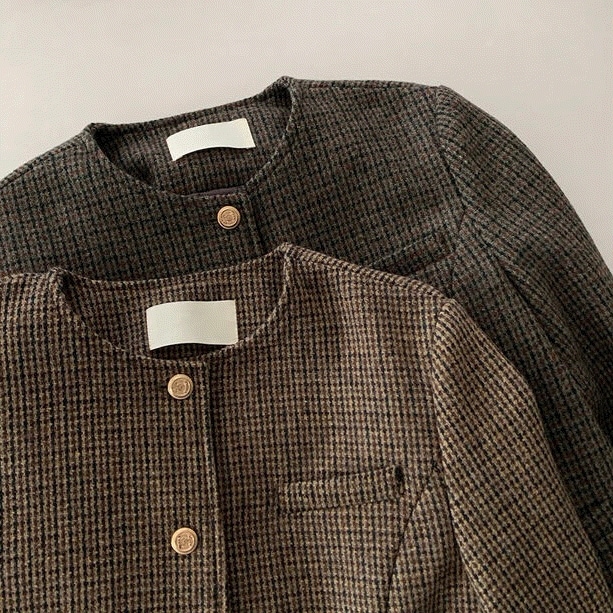 ハイデル ウール50% チェック ノーカラー ラウンド ジャケット-jk