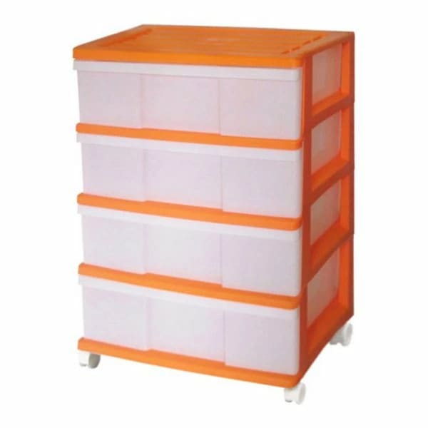完成品 ワイドチェスト 収納ケース プラスチック 引き出し 4段 おしゃれ オレンジ キャスター付き