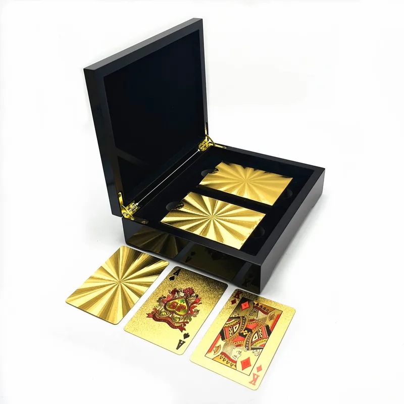 プラスチックポーカーカード木製ボックス付きゴールド,防水トランプ,家族向けギフト,黒,2デッキ,l763