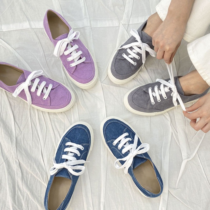 カジュアルな レースアップ 無地 デニム／ファブリック シンプル デイリースニーカー 3color