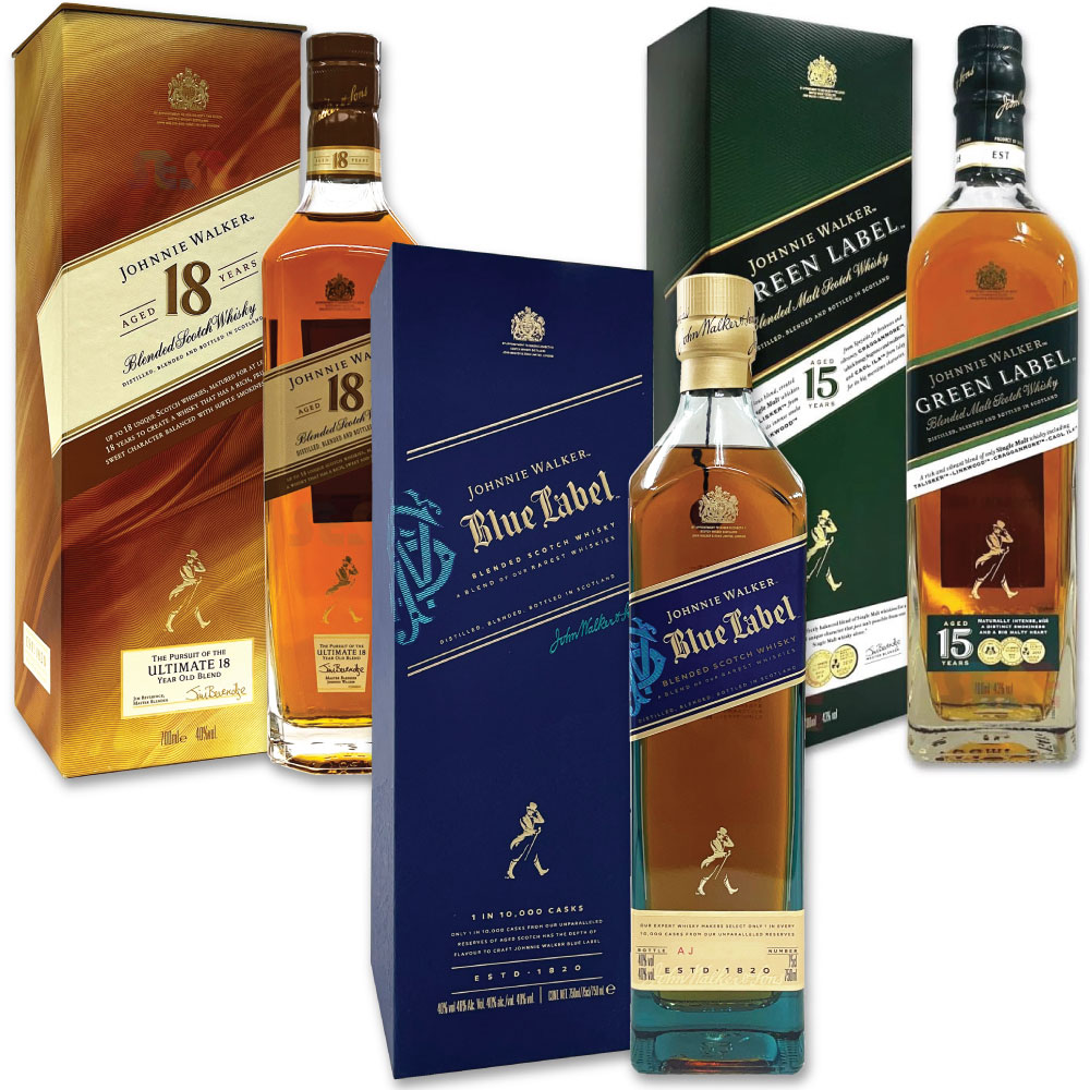 [正規品] ジョニーウォーカー プレミアム 3本セット ブルーラベル + 18年 + グリーンラベル 15年 各700ml / ギフトBox入り スコットランド ブレンデッドスコッチウイスキー Jo