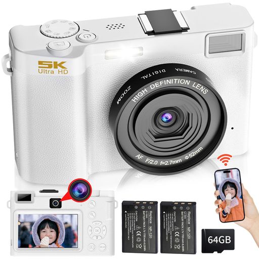 Moledro WIFI転送機能 デジタルカメラ スマホに送れるデジカメ 5K 6400万画素 デュアルレンズ 64GBマイクロSDカード付き 18倍デジタルズーム オートフォーカス機能 手振れ補正