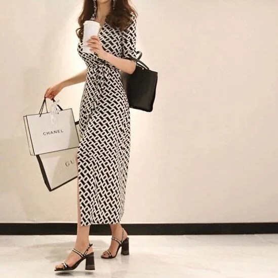 【急速出荷!】ロングスカートワンピース ロングワンピース ロング カシュクール レディース ラップワンピース ドレス マキシ丈 Vネック きれいめ エレガント セクシー スリム 総柄 チェーン プリ