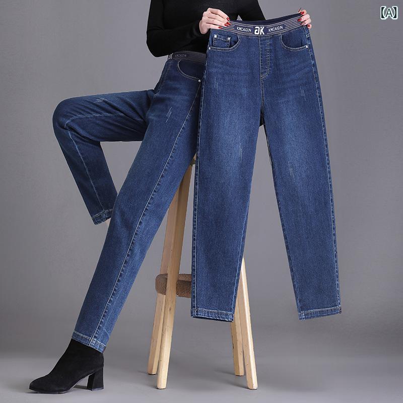 デニムパンツ レディース ジーンズ ストレッチ ハイウエスト カジュアル 大きいサイズ 春秋 裏起毛 ブルー ブラック グレー