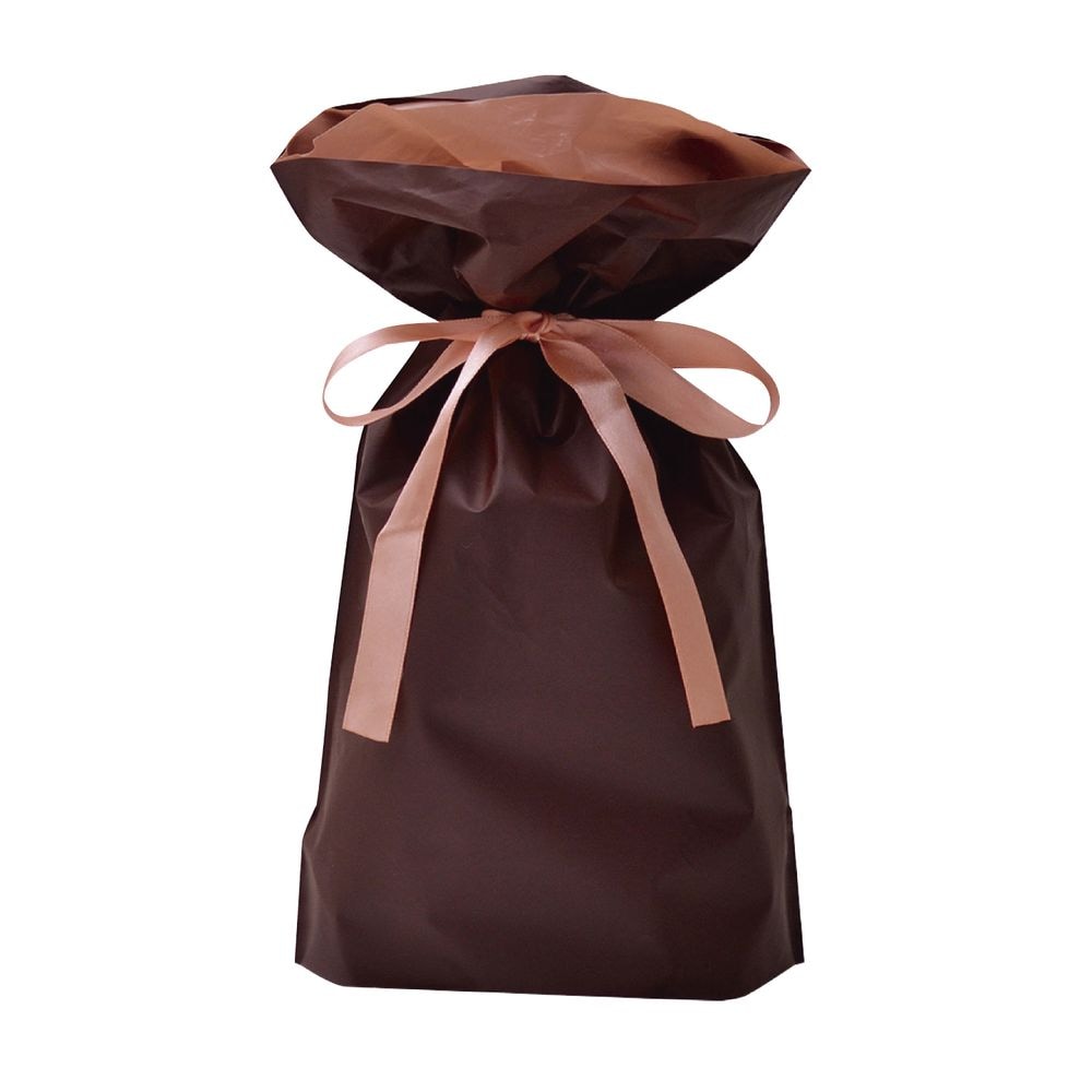 （まとめ買い）ササガワ ギフトバッグ 巾着袋 梨地 リボン付 ブラウン 幅170x高さ280＋マチ80mm 50枚入 50-3361 [x3]