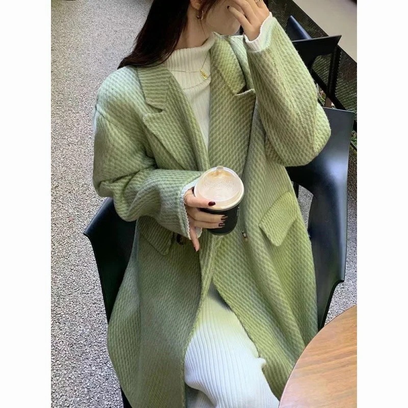 新作コートレディース韓国風スーツ襟ロンググリーンおしゃれスタイルゆったりスリムウールコート